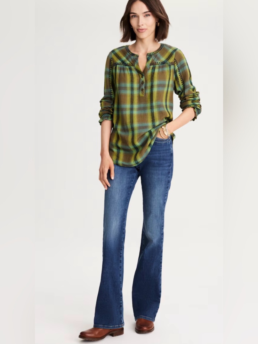 J. Jill Embroidered Plaid Popover in Artichoke Multi